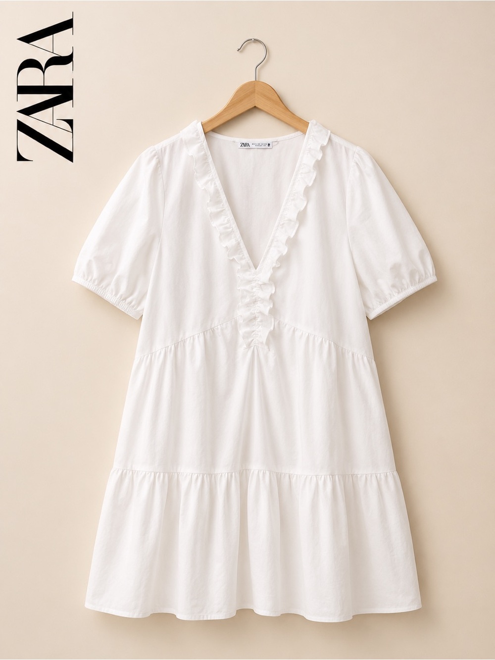 Zara White Poplin Ruffle Mini Dress | Size L | Cottagecore | Summer Dress